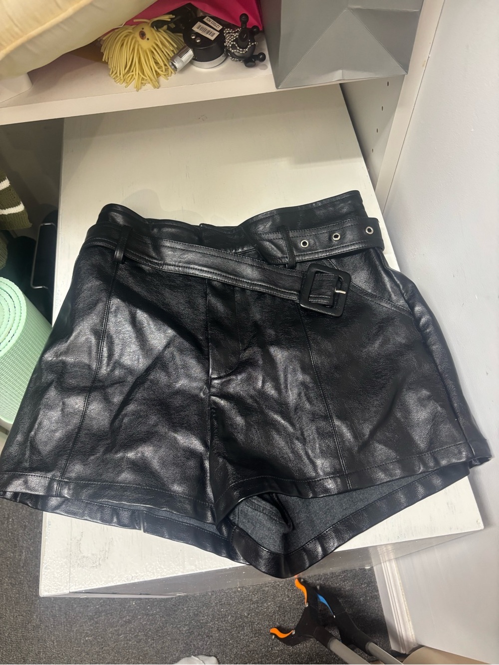 Altar'd State Black Faux Leather High-Waist Belted Shorts